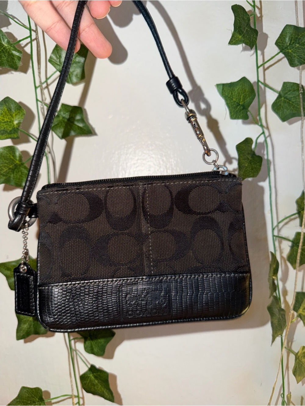 Coach Black Signature Mini Wristlet with Leather Trim - Picture 3 of 3